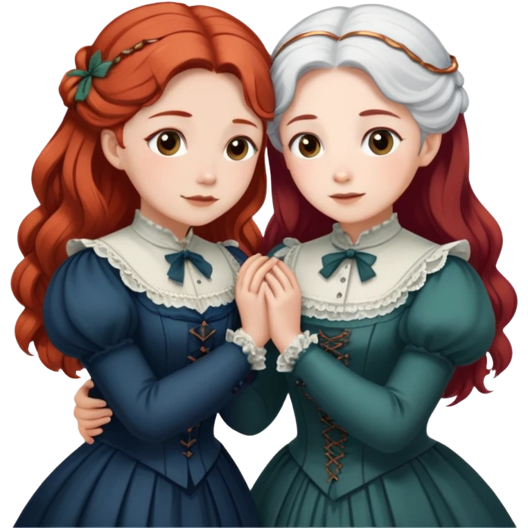 Two modest Victorian women hugging, one with white hair and one with copper red hair, wearing long Victorian dresses emoji