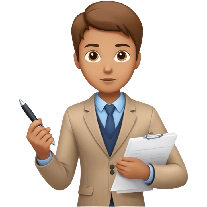 a person holding a checklist and pen, wearing smart casual clothing. The character is in a focused pose emoji