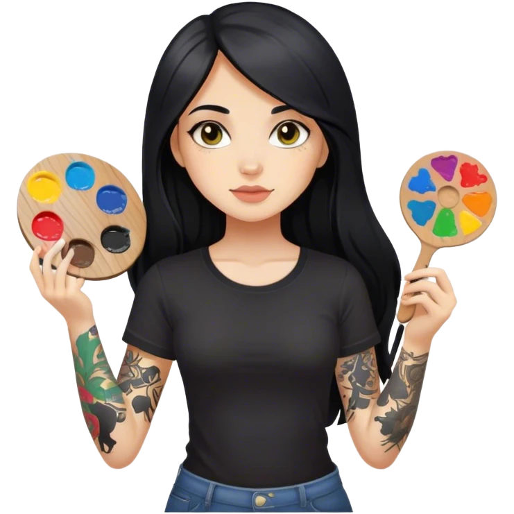 A girl with long black hair  light complexion and hazel eyes and black tattoos on right arm holding a paint palette  wearing black shirt emoji