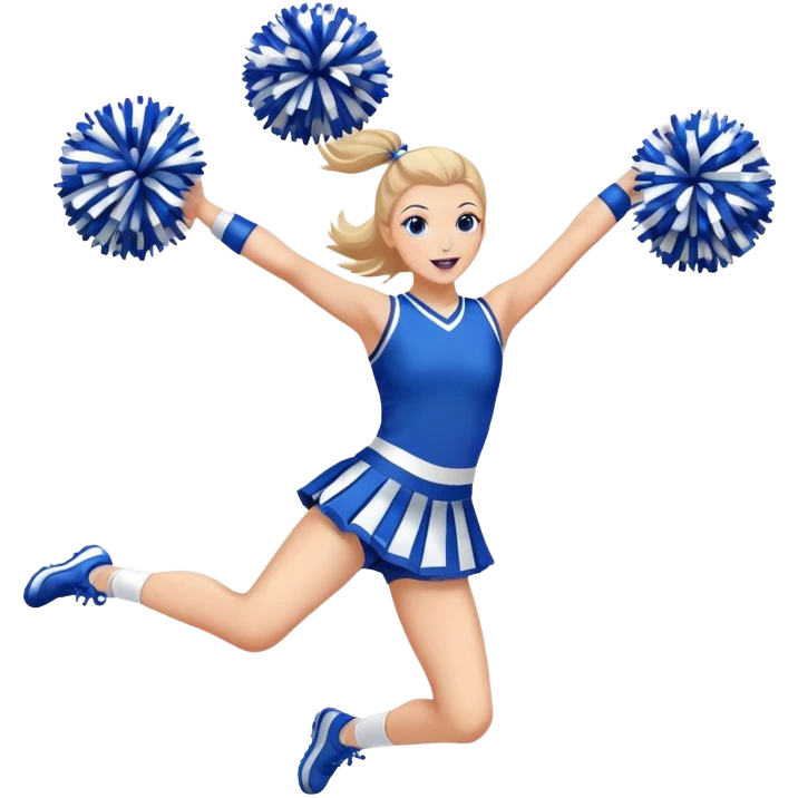 Cheerleader jumping with pom poms and a blue and white uniform  emoji
