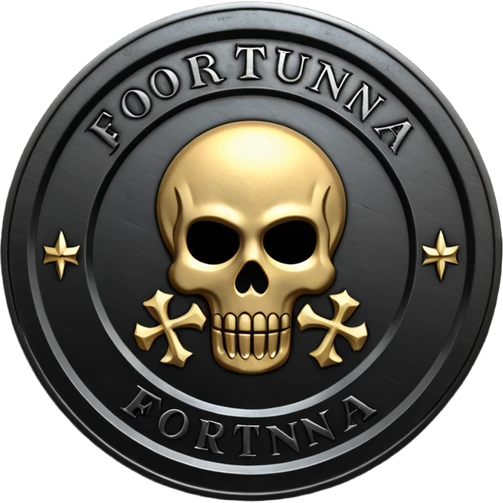 Minimal emoji, gothic metal coin made of black steel, engraved word FORTUNA at the center, ancient industrial aesthetic, worn metal texture, no glow, no neon, flat emoji design, centered, transparent background emoji