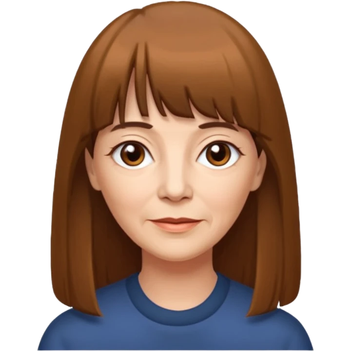 60 yr old woman, very small brown eyes, long straight brown hair, bangs,  emoji