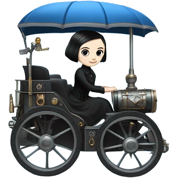 Wednesday Addams driving a modern blue and pewter steampunk electric wagon emoji