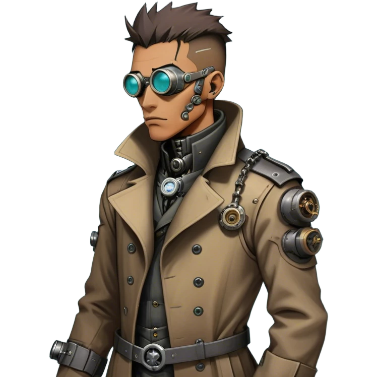 Cartoonish, rough, and battle-worn, cyber-steampunk Dr. Numen Oppen's side-view mug shot showcases his rugged trench coat, exposed mechanical joints, and worn cybernetic enhancements, blending steampunk grit with cyberpunk tech. emoji