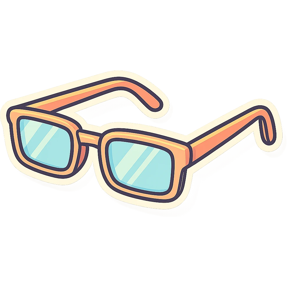 stylish eyeglasses for vision with diopters, narrow rectangular frame, side view, vector look with shadows and glare, detailed shading, thin clean outlines, pastel palette, Japanese pop art, sticker look, highly detailed emoji