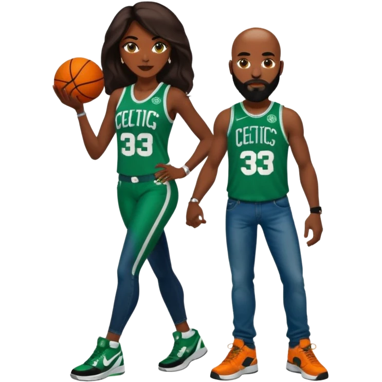 48-year-old dark skin black woman with brown eyes, long dark brown hair dressed in sexy Boston 
celtics outfit & wearing stilettos. A White bald white man with orange beard & facial hair. He has blue eyes, is wearing a Jason Tatum Boston Celtics Jersey, jeans & green Nike sneakers  emoji