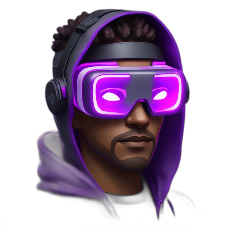 Cyberpunk style. Violet neon. Man with light skin in the black hoody with violet OMG VR logo on it wearing vr headset oculus quest 2 emoji