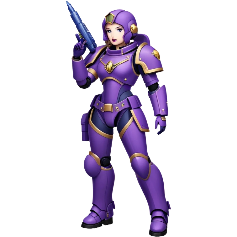 Stunning woman in purple , space marine, full body forward-fashion pose, sending air kiss emoji