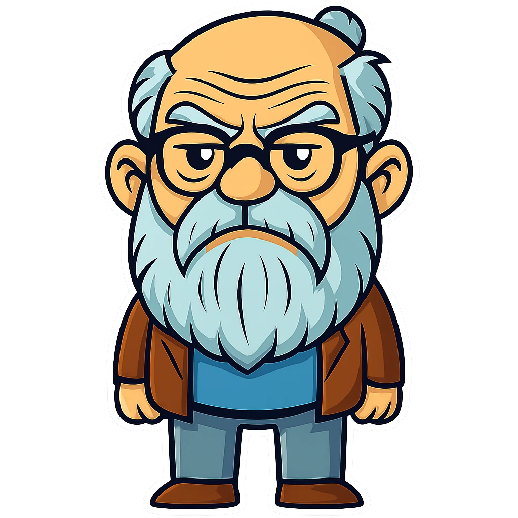 Add glasses to the grumpy old man with a beard in sticker style. Keep the sticker style and transparent background. emoji
