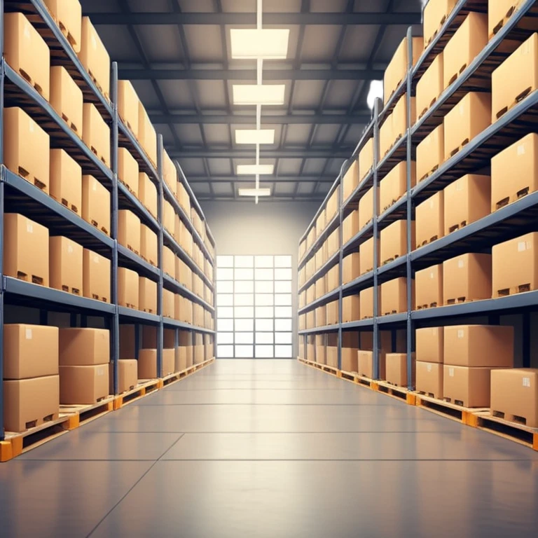 Modern warehouse interior, ultra-realistic, 4K, industrial shelves with boxes and pallets, soft lighting, realistic shadows, sharp focus, cinematic depth of field, professional photography. emoji