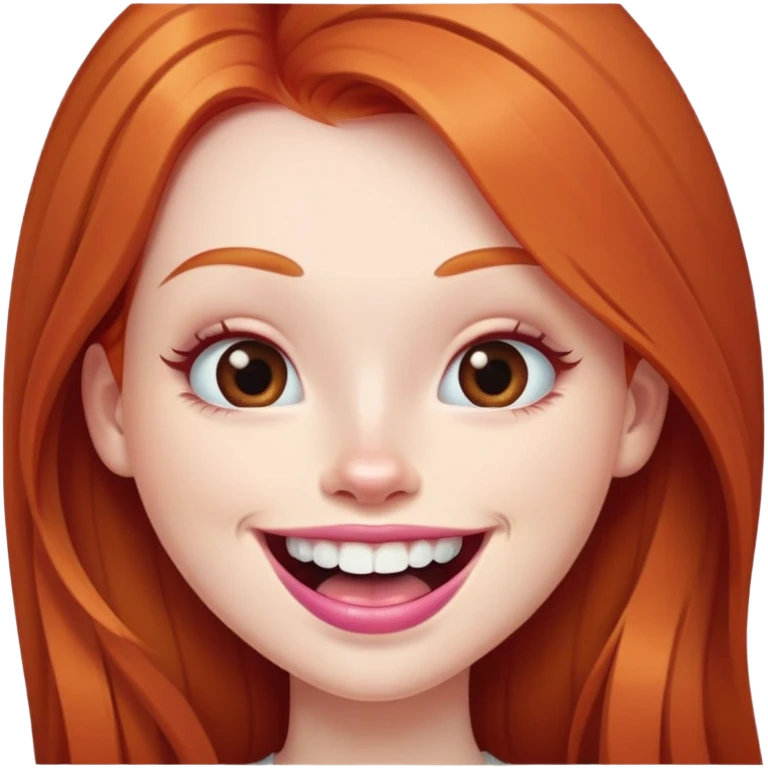 Young girl with pale skin, full pink lips smiling with big teeth, very long straight ginger red hair, bigger nose, deep brown eyes, big mouth emoji