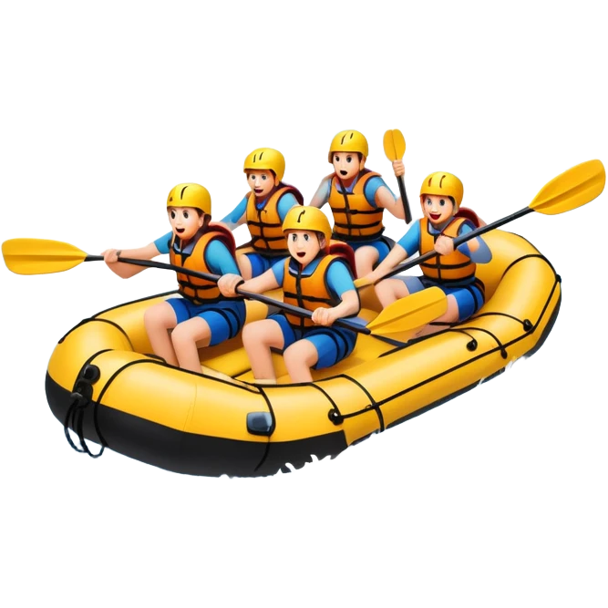 A group of adventurers paddling a raft through wild, fast-moving river rapids. The scene includes splashing water, rugged rocks, and intense action, emphasizing the excitement and teamwork of rafting in challenging conditions. emoji