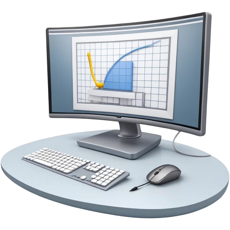 Create an emoji for 3D visualization and modeling. Show a 3D object like room model with grid lines on a big curved monitor. Add a modeling tool a mouse and stylus. Use modern, professional colors. Do not include any emojis or smiley faces. Make the background transparent. emoji