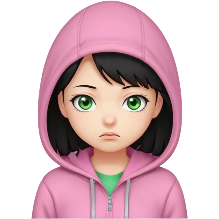Cute chibi-style emote with exaggerated facial expressions, rounded proportions, and soft colors inspired by kawaii aesthetics.  Perplexed or uncertain look, raised eyebrow or tilted head, slightly funny and relatable. female with black hair and greeneyes wearing a pink hoodie emoji