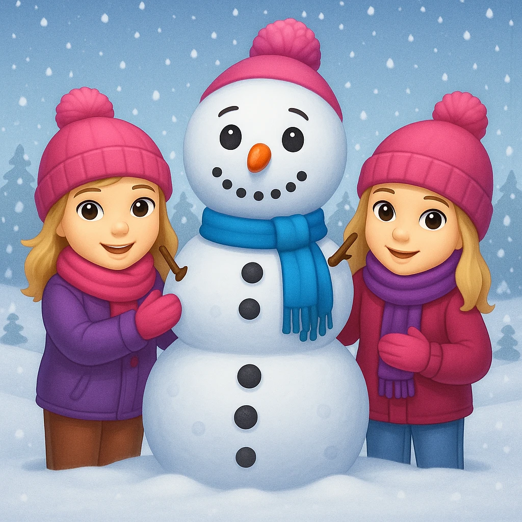 Add a snowy background behind the kids building a snowman, keep the original emoji style emoji