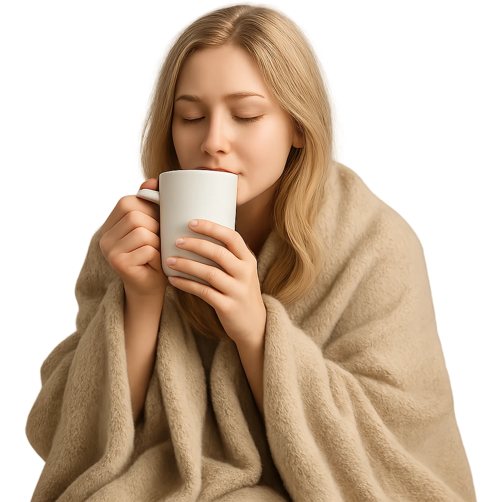blonde girl wrapped in a blanket, sipping coffee with eyes closed, cozy and peaceful emoji