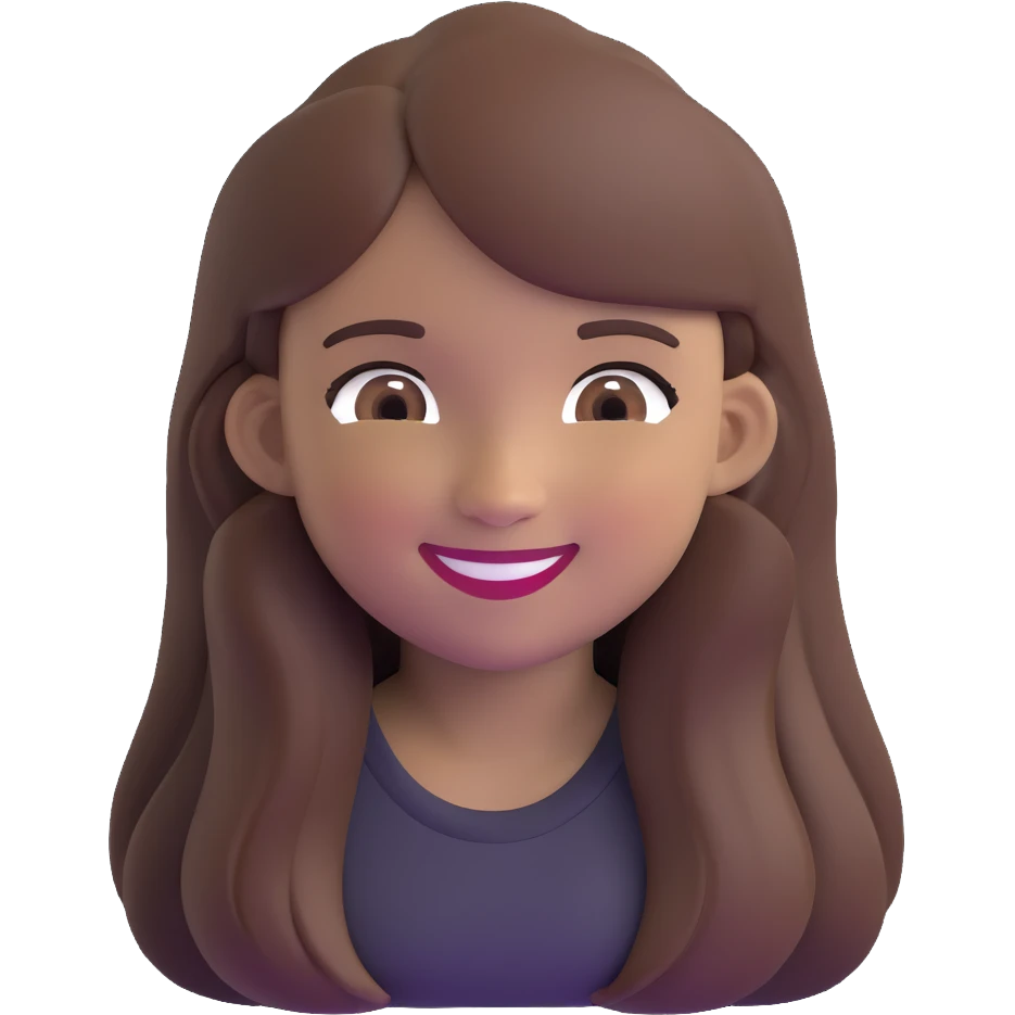 a girl with long brown hair and brown eyes smiling, memoji style emoji