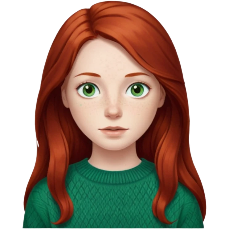 woman with long dark auburn red hair that is mostly straight but has slight waves to it. grey blue eyes. some freckles. wearing a Swedish style sweater that is green. blue grey eyes.  emoji