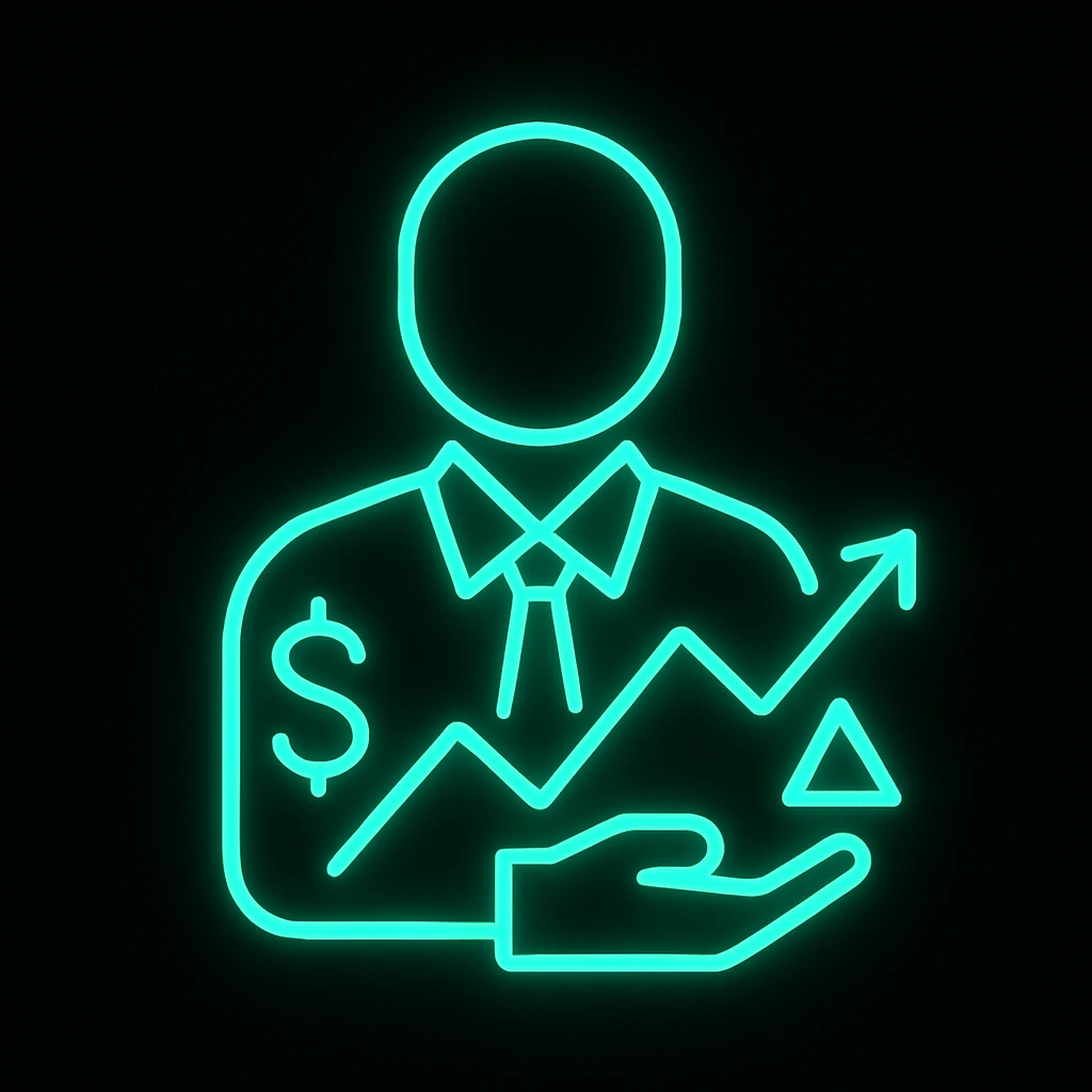 minimalist neon icon of a risky trader, using color #0BD794, simple lines, glowing effect emoji