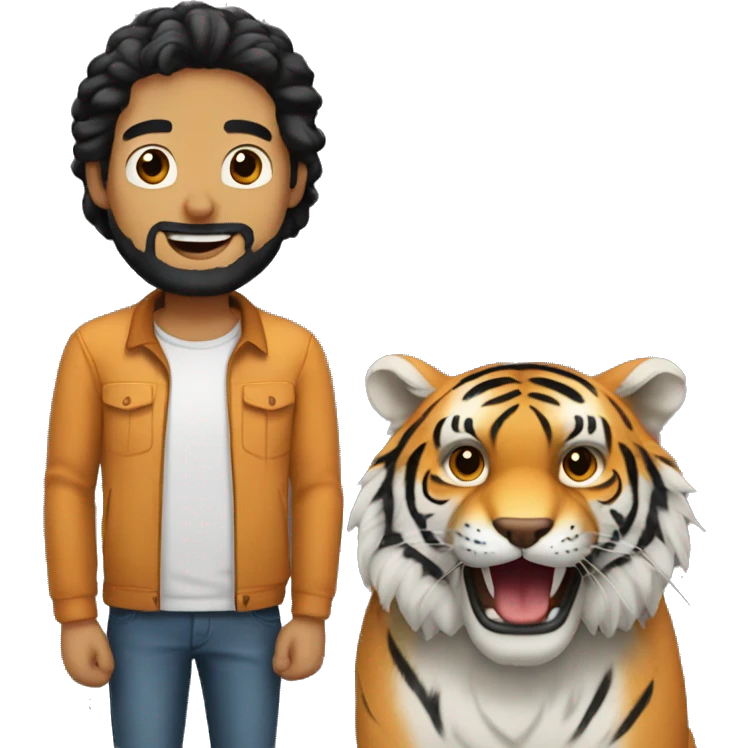 a caucasian guy with black hair and beard being best friends with a tiger emoji