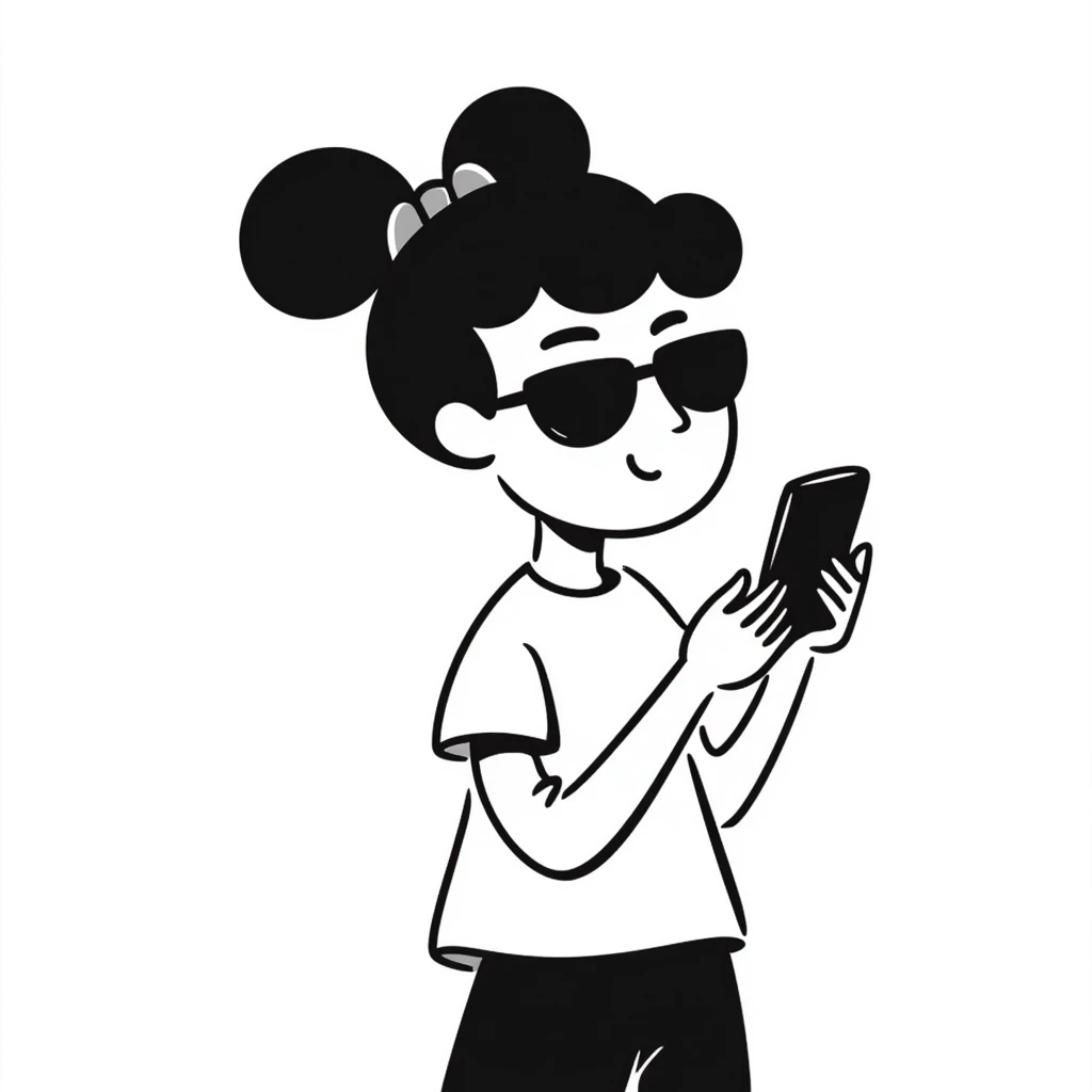 Girl with huge lips, sunglasses, bow on her hair, holding a phone with attitude emoji