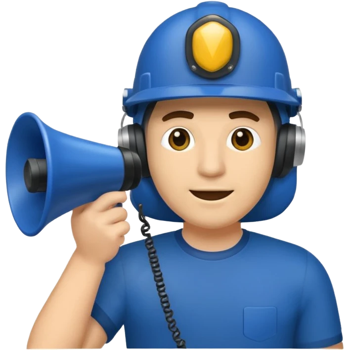 Um homem com capacete azul escuro segurando um megafone emoji