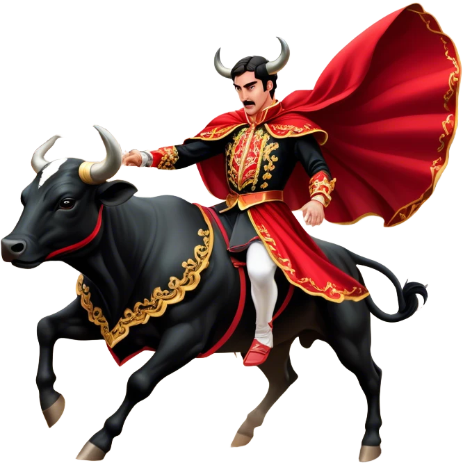 ​Cinematic Realistic Spanish Matador in Action, depicted in an ornate traje de luces with a flowing red cape, captured in the dramatic moment of confronting a charging bull in a traditional bullring, rendered with dynamic motion and dramatic lighting that encapsulates the intensity and artistry of the spectacle, emoji