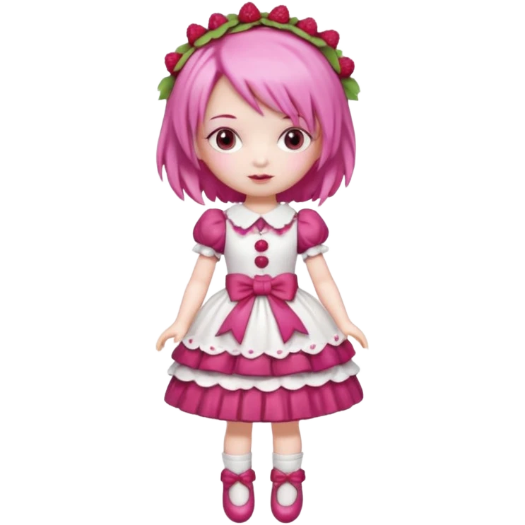 Isolated detaile illustration incredibly raspberry torte doll figurine full body with pink hair and a raspberry barrettes emoji