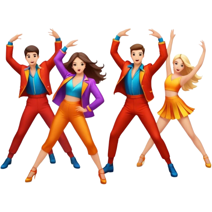 Icon for Contemporary Dance: a synchronized guys and girls group performance on stage with backup dancers in bright, modern outfits and dynamic lighting. The icon should capture the energy and coordination of a dance routine, with a focus on movement and stage presence. Transparent background. emoji
