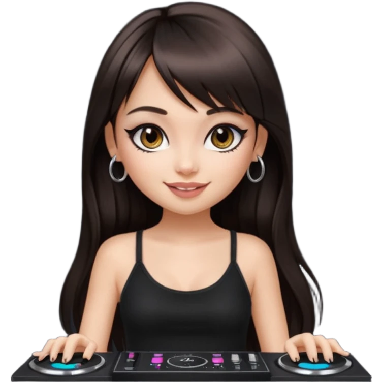 generate a pretty bratz girl in black cami top, dark brown straight long hair with bangs, eyeliner on, djing, fair emoji