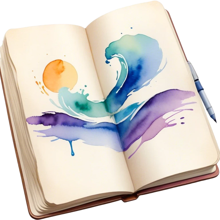 Cinematic Realistic image of an open sketchbook accompanied by a set of translucent watercolors, with delicate pigment stains and soft, flowing brushstrokes, captured under gentle, diffused lighting that highlights creative fluidity emoji