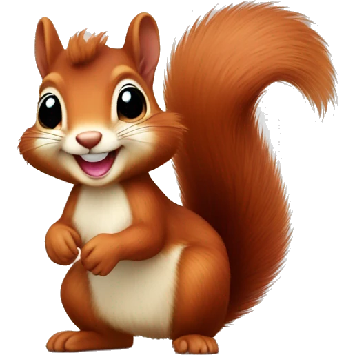 Cute baby red squirrel face smiling with bushy tail, whole squirrel emoji