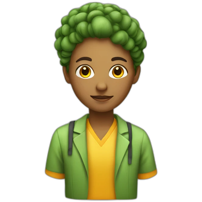 A teacher with a yellow shirt and a headdress in the colors of green, yellow, orange spots emoji