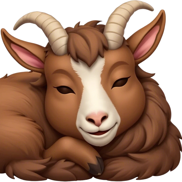 Meme-Worthy Cute Sleeping Brown Goat Portrait Emoji, Head resting peacefully with a contented smile, showcasing a robust build and a luxuriously soft brown fur, eyes shut in a serene, restful nap, Simplified yet hilariously adorable features, highly detailed, glowing with a soft, drowsy light, high shine, relaxed and utterly lovable, stylized with an air of playful laziness, bright and heartwarming, soft glowing outline, capturing the essence of a comically sleepy goat, so meme-worthy it feels like it could instantly become the next viral sensation of adorable slumber! emoji