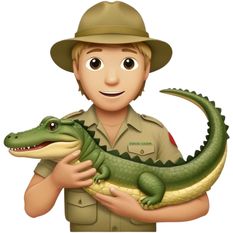Cinematic Realistic Steve Irwin Portrait Emoji, in his signature khaki attire, holding a crocodile or giving an excited thumbs-up. The scene is lit with vibrant, natural sunlight, emphasizing his adventurous spirit and deep connection to nature. emoji