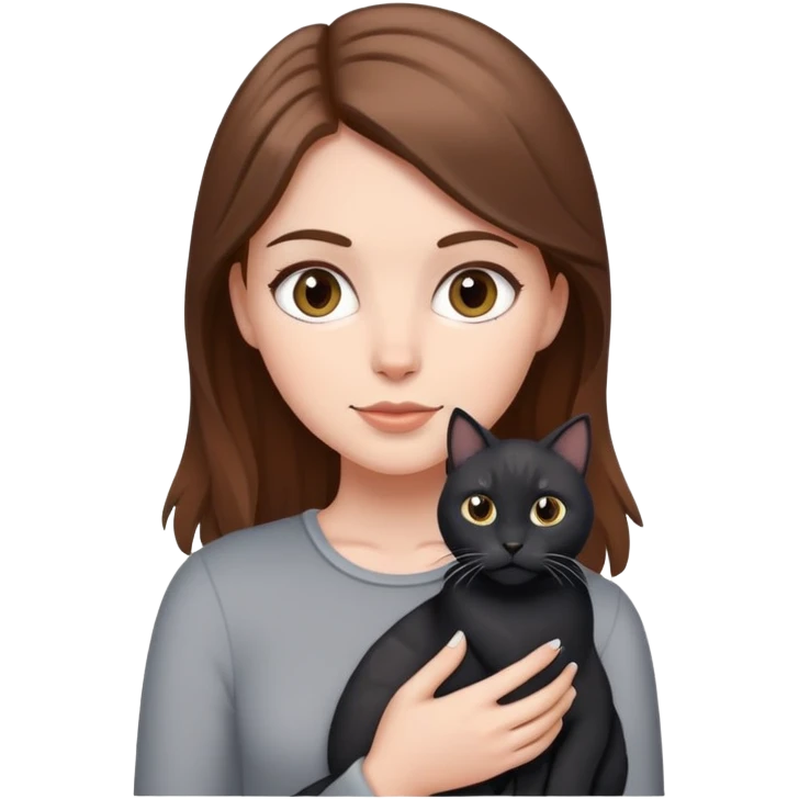 White girl brown hair holding gray and black cat emoji