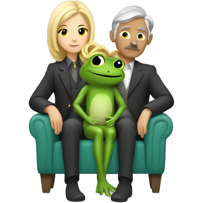 A blonde girl in a frog costume sitting in her grey haired boyfriend lap. And he has a mustache  emoji