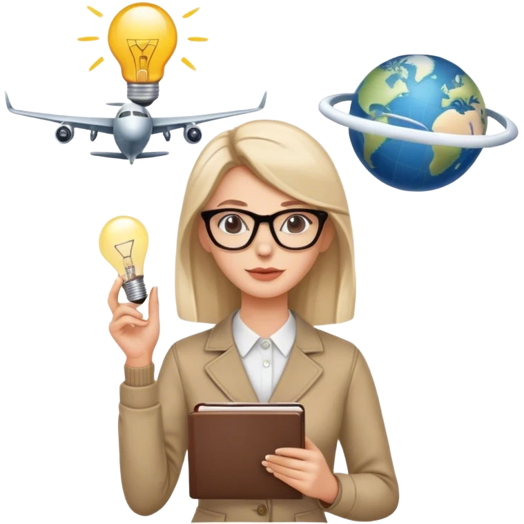 A woman with a sleek hairstyle, stylish glasses, holding a notebook, a lightbulb above her head, an airplane in the background. emoji