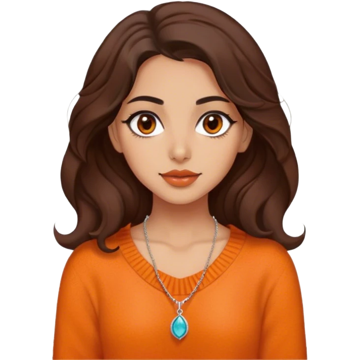 Iranian girl with warm tan skin, wearing an orange wool sweater. She has dark brown, shoulder-length wavy hair, one brown eye, and slightly full lips. She also wears a delicate necklace. emoji