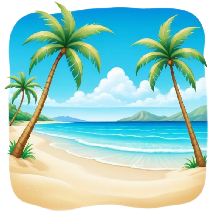 Cinematic Realistic Pristine Crystal-Clear Water Beach Emoji in a wooden frame, Sunny and radiant, with soft golden sand stretching endlessly, gently lapping waves of crystal-clear turquoise water washing onto the shore. The water is so transparent it reveals the shimmering seabed below, creating an idyllic, pristine setting. Above, the sky is a vivid blue, with a few gentle wisps of clouds. Palm trees sway gracefully in the warm breeze, their reflections mirrored in the water. Soft glowing outline, capturing the essence of a peaceful, serene beach paradise where every element gleams with natural beauty. emoji