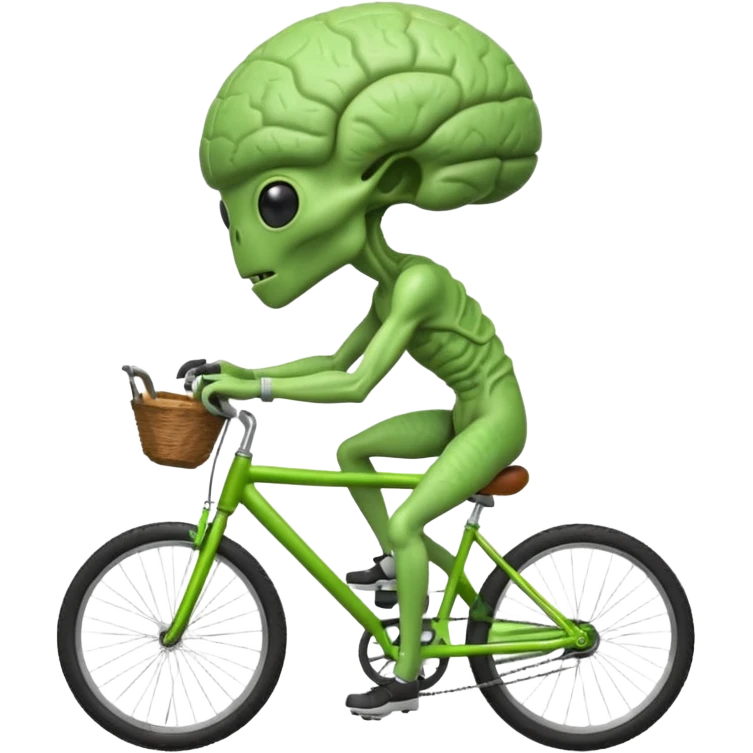 big-brain alien riding a bicycle, oversized head, visible brain texture, intelligent but clumsy cycling pose, sci-fi cartoon vibe, 3D cartoon, mobile game icon style, clean background, no text, no watermark
 emoji