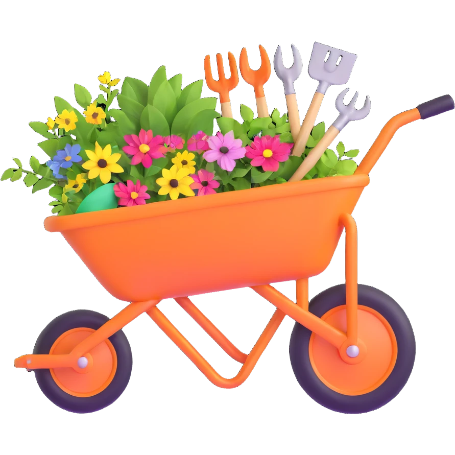 wheelbarrow with gardening tools emoji