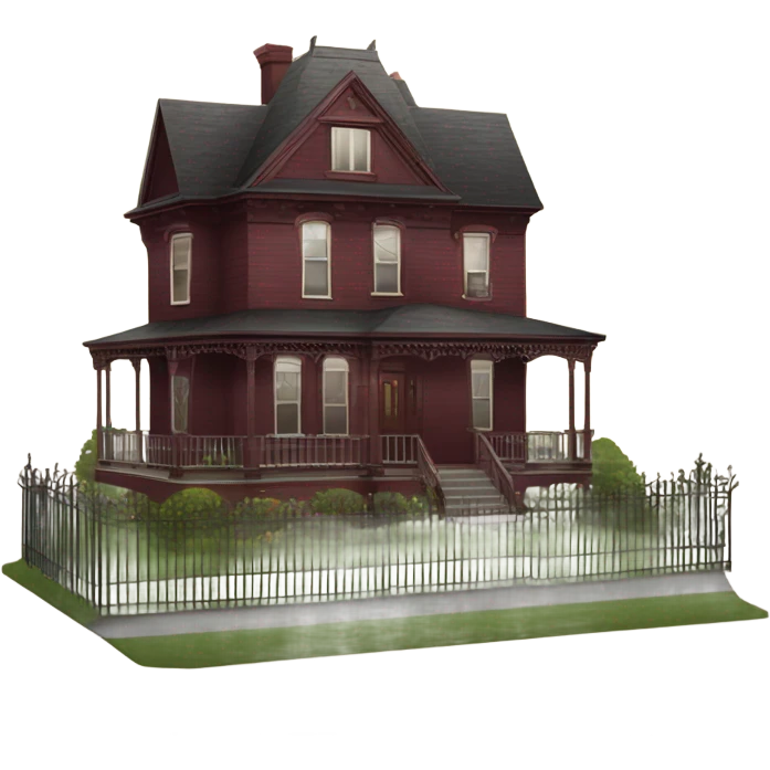 Maroon cedar sided  SIMPLE victorian house with a metal fence  emoji