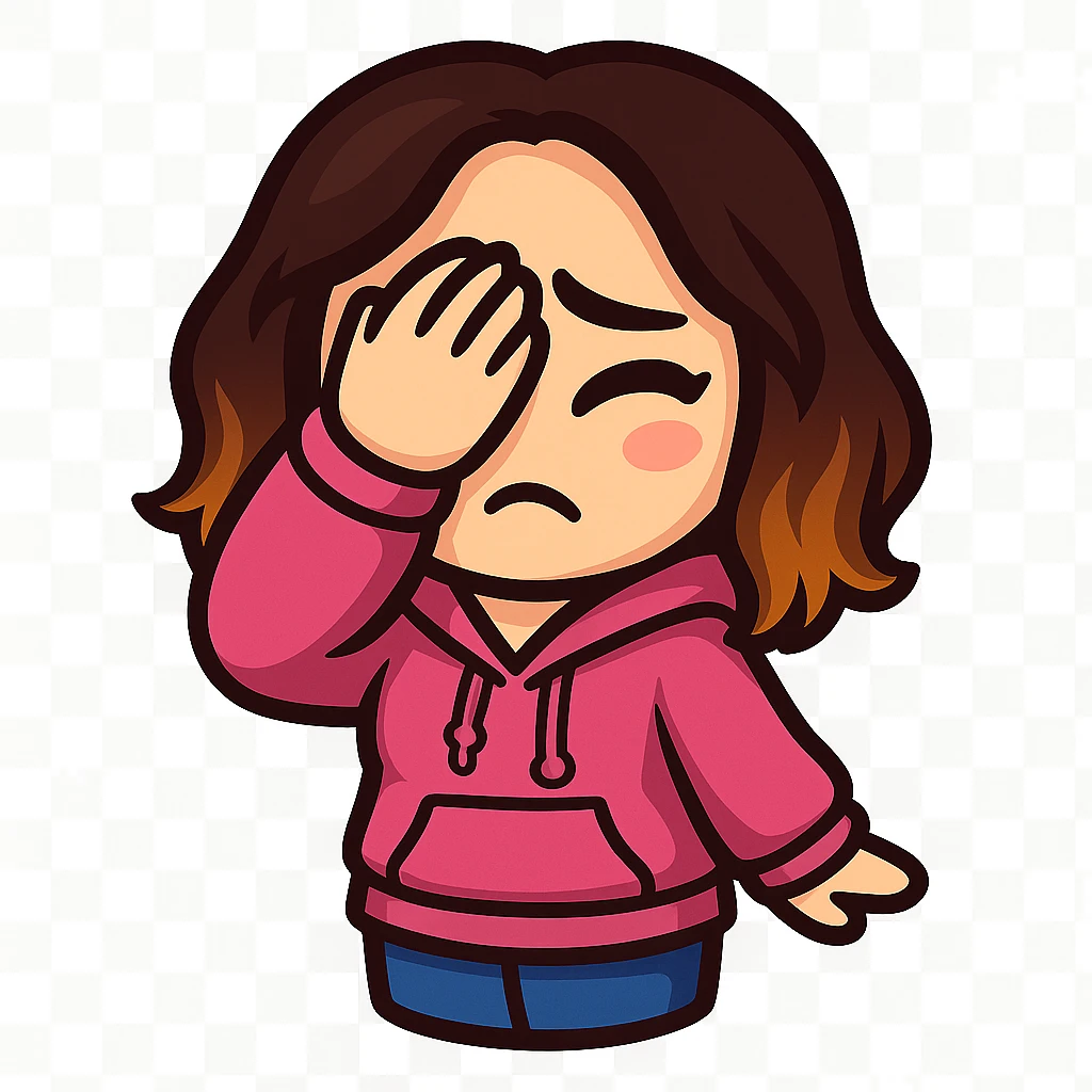 Sticker style chibi emote, matching the attached green heart emote as a base. Woman from reference, pink hoodie and blue jeans, facepalming, cute embarrassed face, no headband, no wand, transparent background. Top color should not match jeans. emoji