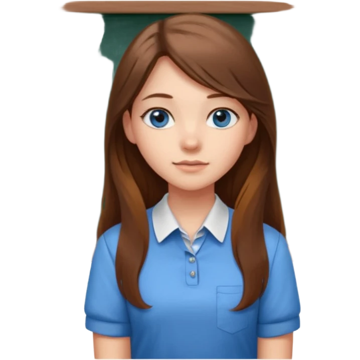 high school class room with a pretty female high school student with long brown hair, blue eyes sitting in front of the blackboard emoji