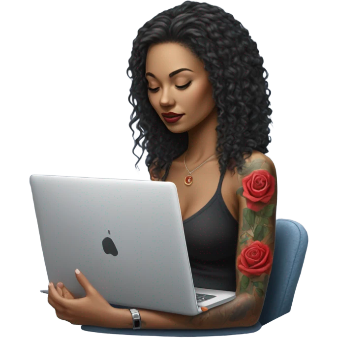 Hyper Realistic beautiful woman model with a small rose tattoo typing on a laptop  emoji