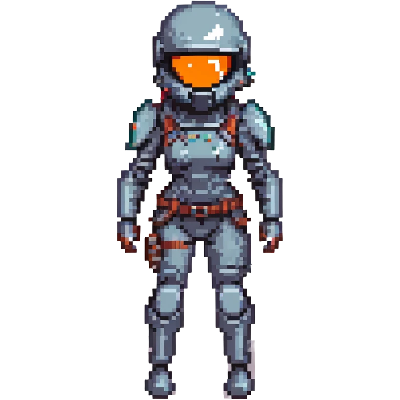 pixel art of a female space warrior in a strengthened helmet with a black visor, tactical armor, floating in zero gravity, reaching forward, EVA operation emoji