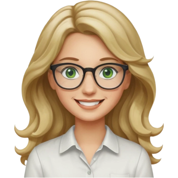 long wavy dirty blonde hair woman with green eyes and glasses smiling emoji