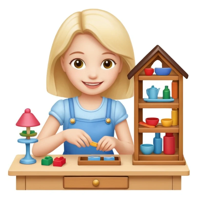 smiling girl arranging furniture in doll house emoji