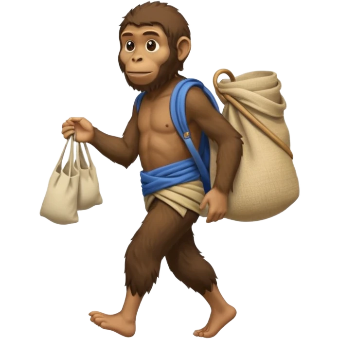 Draw an Australopithecus walking like a nomad, carrying a cloth bundle over its shoulder, in a cute flat iPhone emoji style emoji
